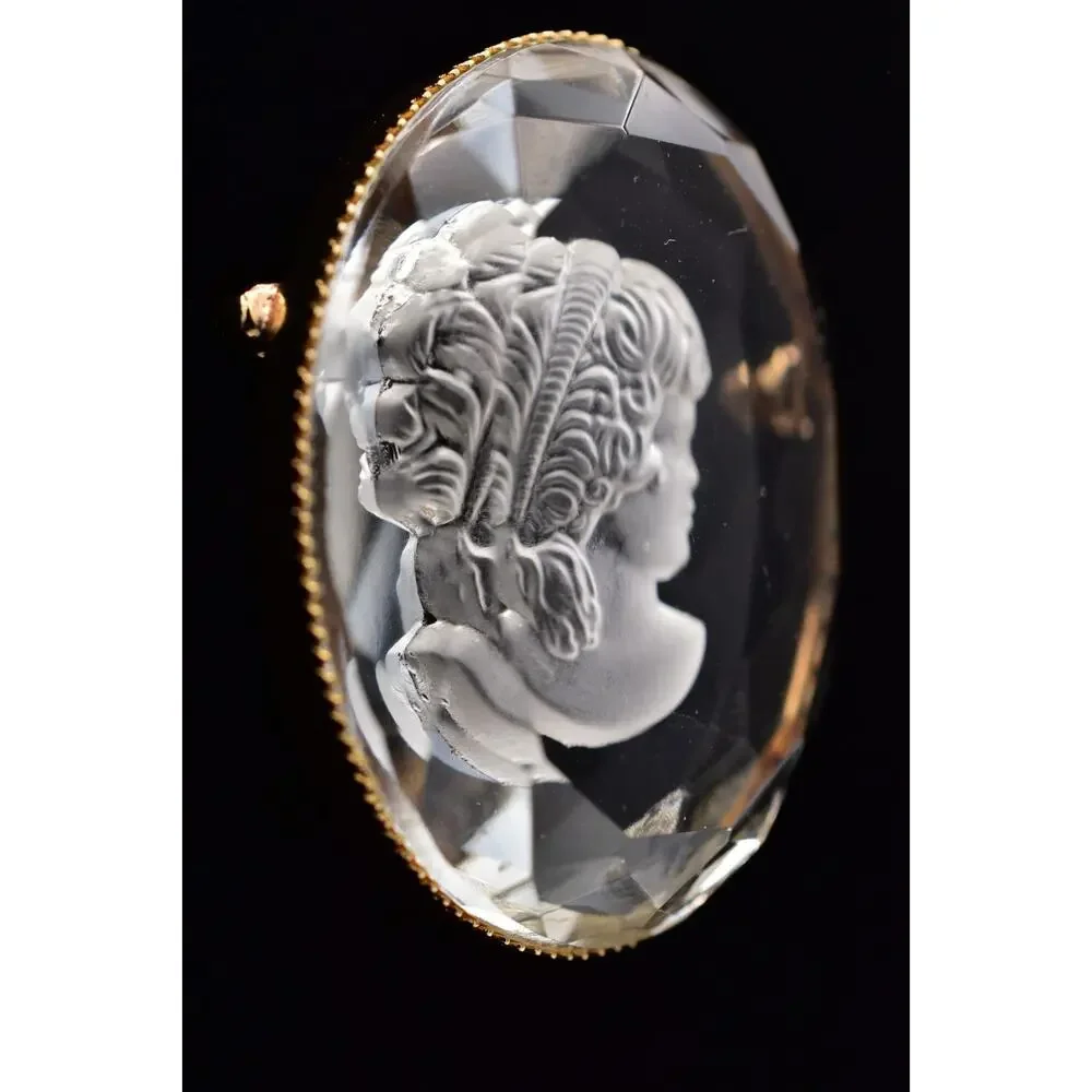 Vintage Intaglio Glass Cameo Brooch Reverse Carved Lady Portrait Gold 60s BinBI